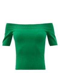 ALEXANDER MCQUEEN Green off-the-shoulder stretch-knit top ~ bardot tops