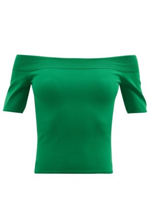 ALEXANDER MCQUEEN Green off-the-shoulder stretch-knit top ~ bardot tops - flipped