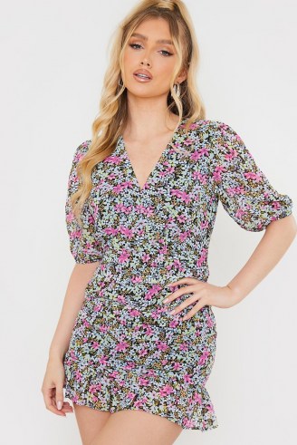 OLIVIA BOWEN PINK FLORAL PRINT WRAP FRONT RUCHED DETAIL MINI DRESS ~ fitted ruffle hem dresses - flipped
