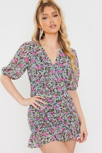 OLIVIA BOWEN PINK FLORAL PRINT WRAP FRONT RUCHED DETAIL MINI DRESS ~ fitted ruffle hem dresses