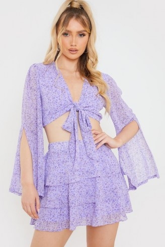 OLIVIA BOWEN PURPLE FLORAL PRINT FLARED SLEEVE CO-ORD TOP ~ tie front crop tops with split sleeves - flipped