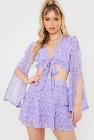 OLIVIA BOWEN PURPLE FLORAL PRINT FLARED SLEEVE CO-ORD TOP ~ tie front crop tops with split sleeves
