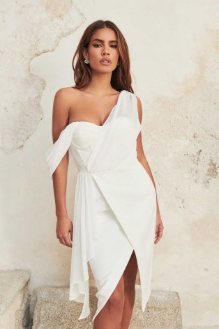 Lavish Alice one shoulder chiffon mix corset midi dress in white | floaty asymmetric evening dresses - flipped