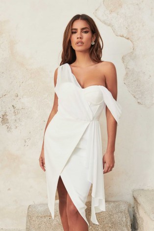 Lavish Alice one shoulder chiffon mix corset midi dress in white | floaty asymmetric evening dresses