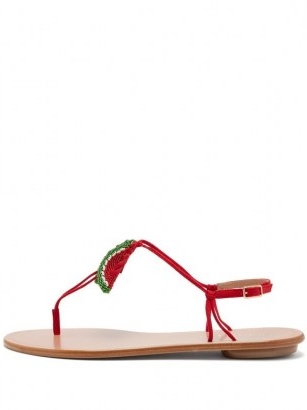 AQUAZZURA Patillita beaded leather sandals / fruit embellished footwear / strappy waltermelon flats