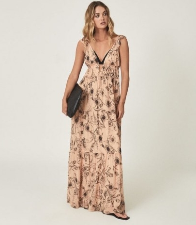 REISS PEACH FLORAL PRINTED MAXI DRESS BLUSH / long tiered summer dresses / feminine fashion