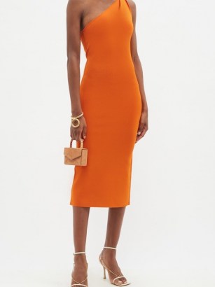GALVAN Persephone orange one-shoulder knitted dress | bright and glamorous asymmetric-neckline occasion dresses | vibrant knits - flipped