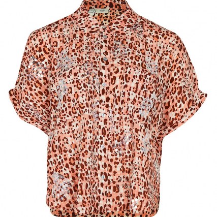 RIVER ISLAND Petite brown short sleeve animal print shirt / mixed print shirts / checks and leopard prints - flipped