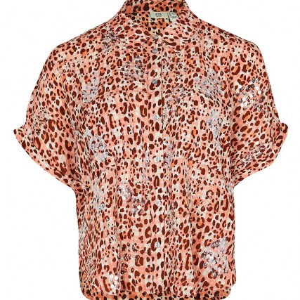 RIVER ISLAND Petite brown short sleeve animal print shirt / mixed print shirts / checks and leopard prints