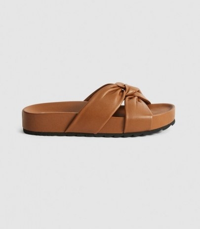 REISS PHOEBE LEATHER TWIST FRONT SANDALS TAN ~ CHIC BROWN SUMMER SLIP ONS - flipped