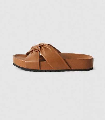 REISS PHOEBE LEATHER TWIST FRONT SANDALS TAN ~ CHIC BROWN SUMMER SLIP ONS