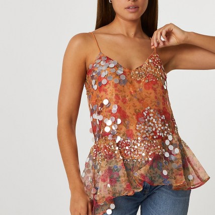RIVER ISLAND Pink floral embellished asymmetric cami top / sequinned peplum hem camisole / strappy tops - flipped
