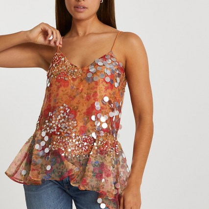 RIVER ISLAND Pink floral embellished asymmetric cami top / sequinned peplum hem camisole / strappy tops