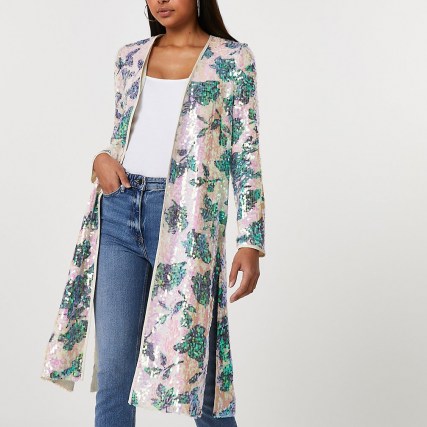 RIVER ISLAND Pink floral sequin duster ~ sequinned side slit coats - flipped