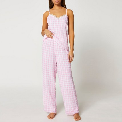 RIVER ISLAND Pink gingham pyjama cami set ~ camisole top pyjamas ~ strappy checked PJs - flipped