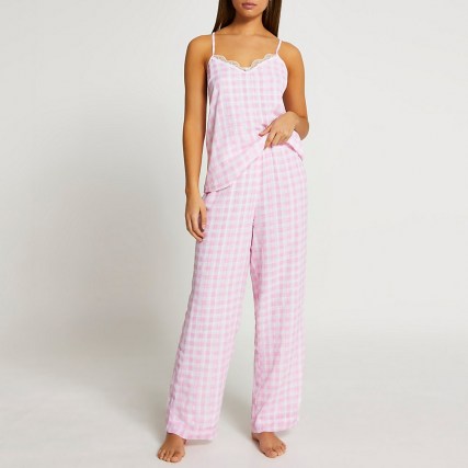 RIVER ISLAND Pink gingham pyjama cami set ~ camisole top pyjamas ~ strappy checked PJs