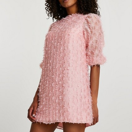 RIVER ISLAND Pink long sleeve textured shift dress ~ fringed dresses - flipped