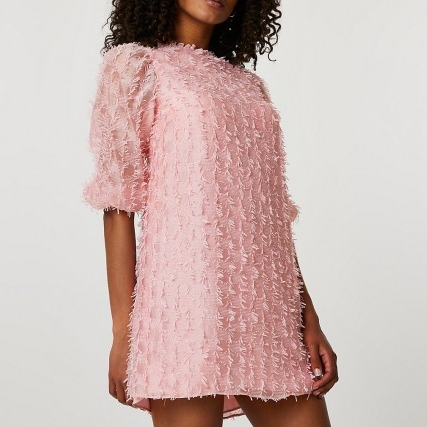 RIVER ISLAND Pink long sleeve textured shift dress ~ fringed dresses