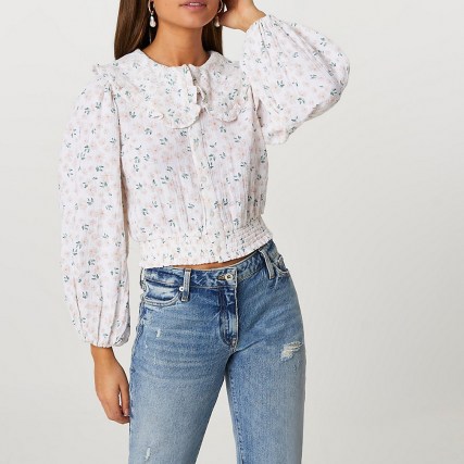 RIVER ISLAND Pink oversized collar floral printed blouse ~ romantic style blouses - flipped