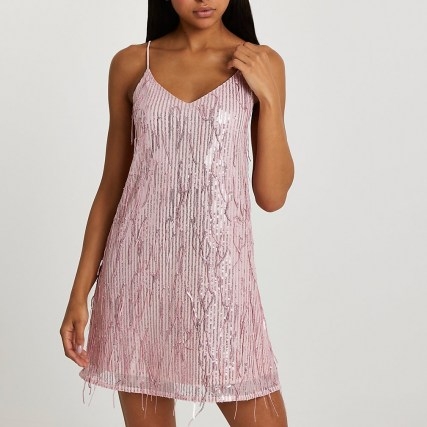 River Island Pink sequin tassel slip dress | shimmering skinny strap cami dresses - flipped