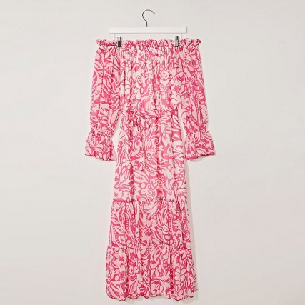 RIVER ISLAND Pink short sleeve floral bardot midi dress ~ romantic off the shoulder tie waist summer dresses - flipped