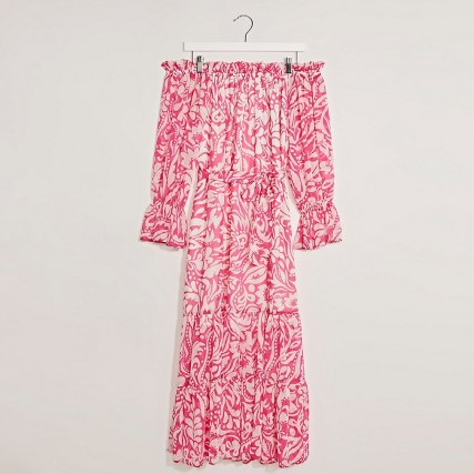 RIVER ISLAND Pink short sleeve floral bardot midi dress ~ romantic off the shoulder tie waist summer dresses
