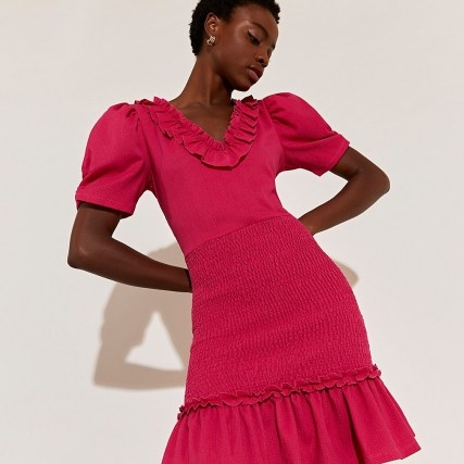 River Island Pink short sleeve frill dress – puff sleeve frilled hem dresses - flipped