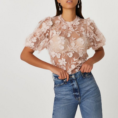 RIVER ISLAND Pink short sleeve jacquard top ~ floral textured semi sheer tops - flipped
