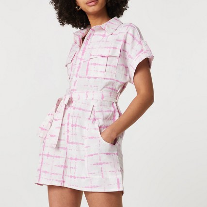 RIVER ISLAND Pink short sleeve tie dye utility playsuit | utilitarian style playsuits - flipped
