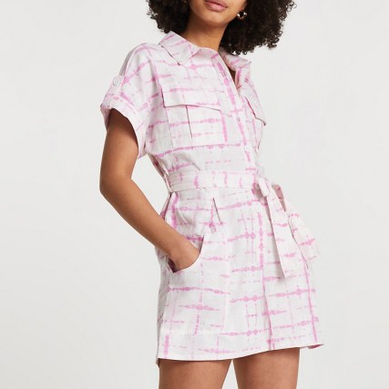 RIVER ISLAND Pink short sleeve tie dye utility playsuit | utilitarian style playsuits