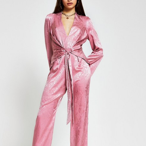 RIVER ISLAND Pink snake print tie waist front jumpsuit ~ going out glamour ~ glamorous evening jumpsuits