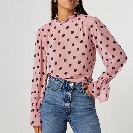 RIVER ISLAND Pink spot high neck blouse / polka dot blouses - flipped