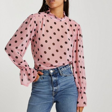 RIVER ISLAND Pink spot high neck blouse / polka dot blouses