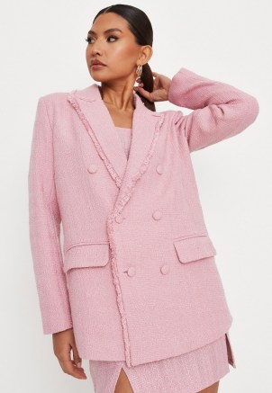 MISSGUIDED pink tailored boucle double breasted blazer ~ women’s frayed edge textured fabric blazers - flipped