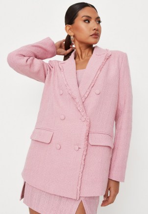 MISSGUIDED pink tailored boucle double breasted blazer ~ women’s frayed edge textured fabric blazers