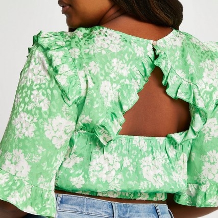 RIVER ISLAND Plus green jacquard open back frill top / floral ruffle trim crop tops - flipped