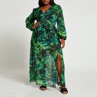 RIVER ISLAND Plus green long sleeve tropical maxi dress ~ floaty plus size summer dresses