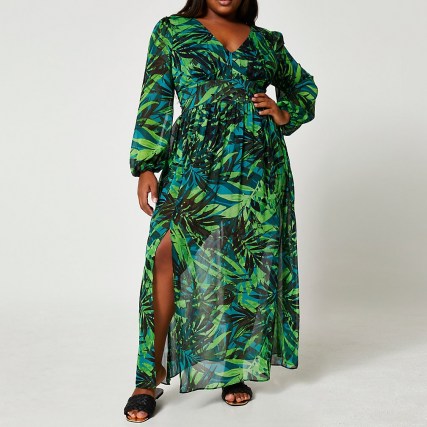 RIVER ISLAND Plus green long sleeve tropical maxi dress ~ floaty plus size summer dresses - flipped