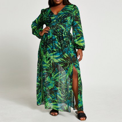 RIVER ISLAND Plus green long sleeve tropical maxi dress ~ floaty plus size summer dresses