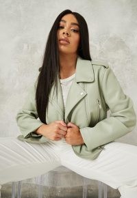MISSGUIDED plus size premium sage fitted zip detail biker jacket ~ trending light green luxe style jackets