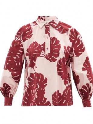 LA DOUBLEJ Poet Monstera-print cotton-poplin shirt | women’s pink and red balloon sleeve leaf print shirts - flipped