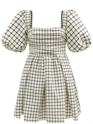 SELF-PORTRAIT Puff-sleeve checked taffeta mini dress / voluminous dresses with pleated bodice and puffed sleeves