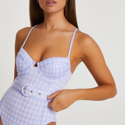 RIVER ISLAND Purple structured gingham swimsuit ~ checked skinny strap swimsuits - flipped