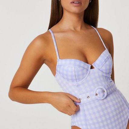 RIVER ISLAND Purple structured gingham swimsuit ~ checked skinny strap swimsuits