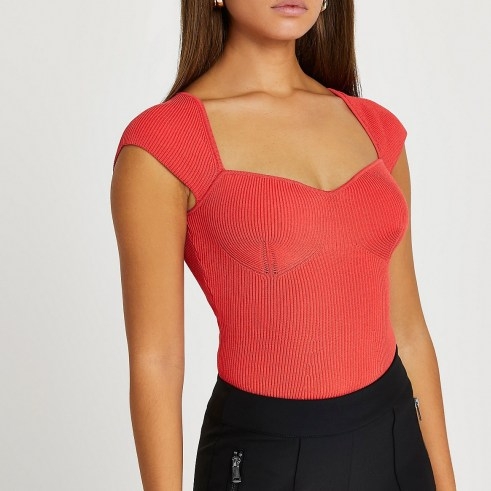 River Island Red cap sleeve sweetheart bustier knit top | fitted bodice tops - flipped