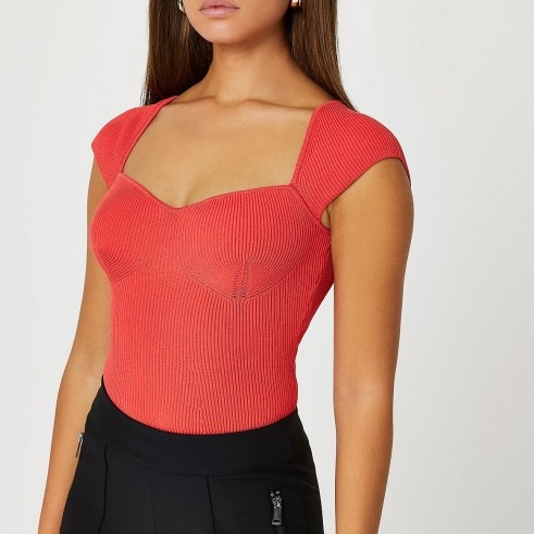 River Island Red cap sleeve sweetheart bustier knit top | fitted bodice tops