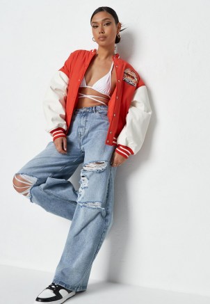 MISSGUIDED red contrast faux leather oversized varsity jacket ~ women’s classic American style casual jackets