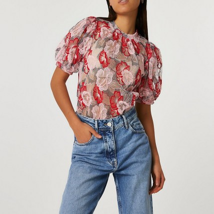 RIVER ISLAND Red short puff sleeve embroidered organza top / semi sheer floral tops - flipped