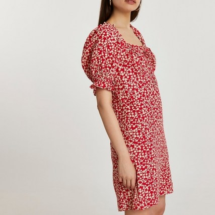 River Island Red short puff sleeve floral mini dress - flipped