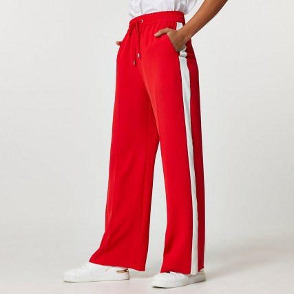 RIVER ISLAND Red wide leg side stripe trousers ~ sports style drawstring pants - flipped